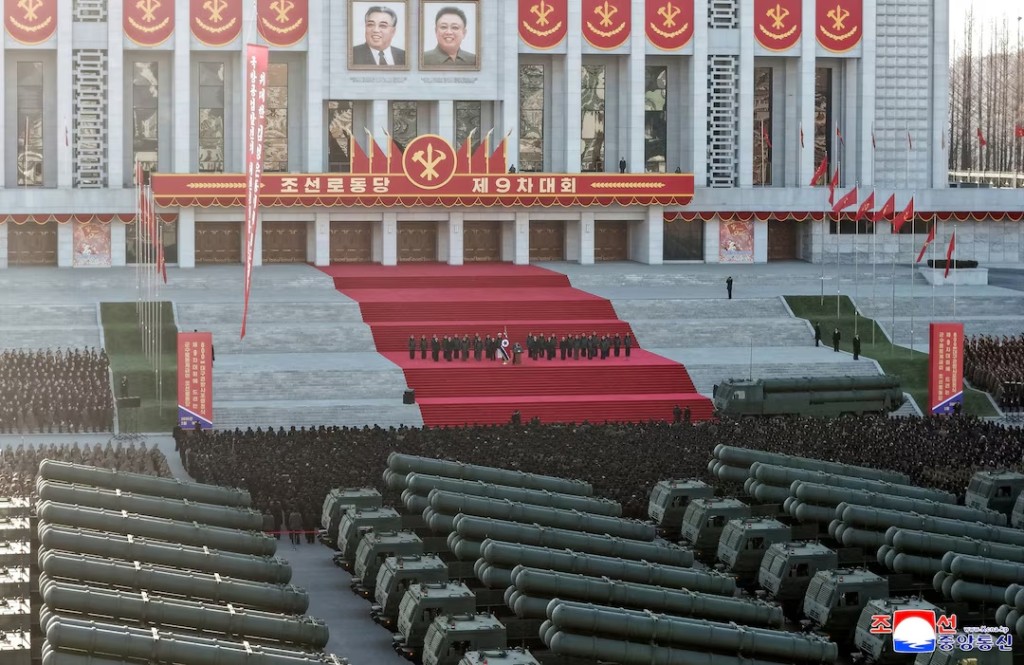 North Korean leader Kim Jong Un attends a presentation ceremony of 600mm-calibre multiple rocket launchers to the Ninth Congress of the Workers' Party of Korea (WPK) by the workers of the munitions industry sector in Pyongyang, North Korea, February 18, 2026, in this picture released by North Korea's official Korean Central News Agency. KCNA via REUTERS 