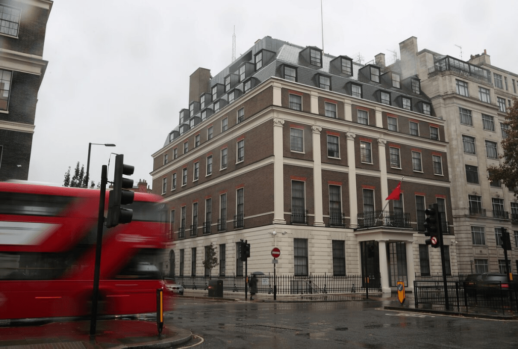 A general view of the Chinese Embassy in London, Britain, October 24, 2019. REUTERS/Hannah McKay/File Photo
