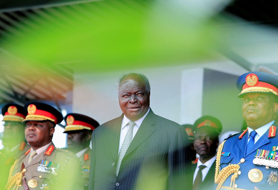 Kenya's Former President Mwai Kibaki (C) attends a farewell ceremony in his capacity as the Commander-in-Chief of the Kenya Defense Forces (KDF) at the Eastleigh military airbase in capital Nairobi. (Reuters) Kenya's Former President Mwai Kibaki (C) attends a farewell ceremony in his capacity as the Commander-in-Chief of the Kenya Defense Forces (KDF) at the Eastleigh military airbase in capital Nairobi. (Reuters)