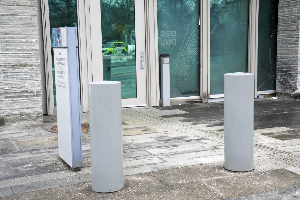 Damages at the US Embassy in Oslo, Norway, are pictured on March 8, 2026, some hours after a loud bang was reported at the site. (AFP)