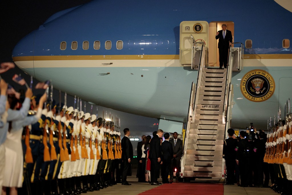 U.S. President Donald Trump arrives aboard Air Force One at Beijing Capital International Airport during his visit to the country, in Beijing, China, May 13, 2026. (Reuters)