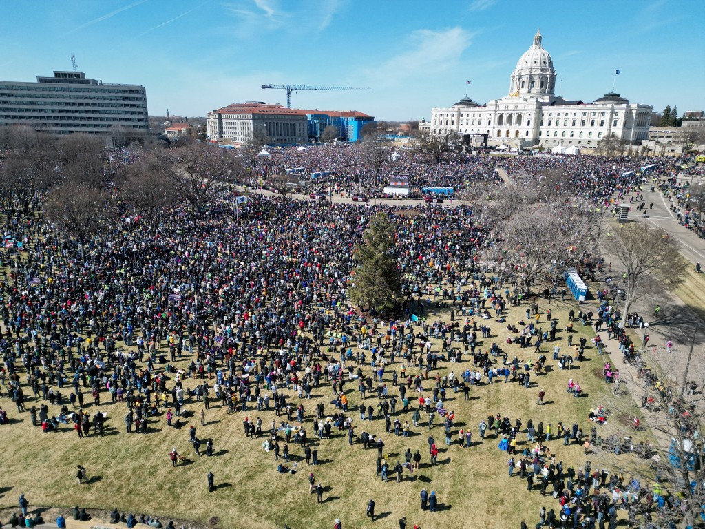 A drone view of demonstrators congregating at the Minnesota State Capitol during a "No Kings" protest against U.S. President Donald Trump's administration policies, in St. Paul, Minnesota, U.S., March 28, 2026. (Reuters)
