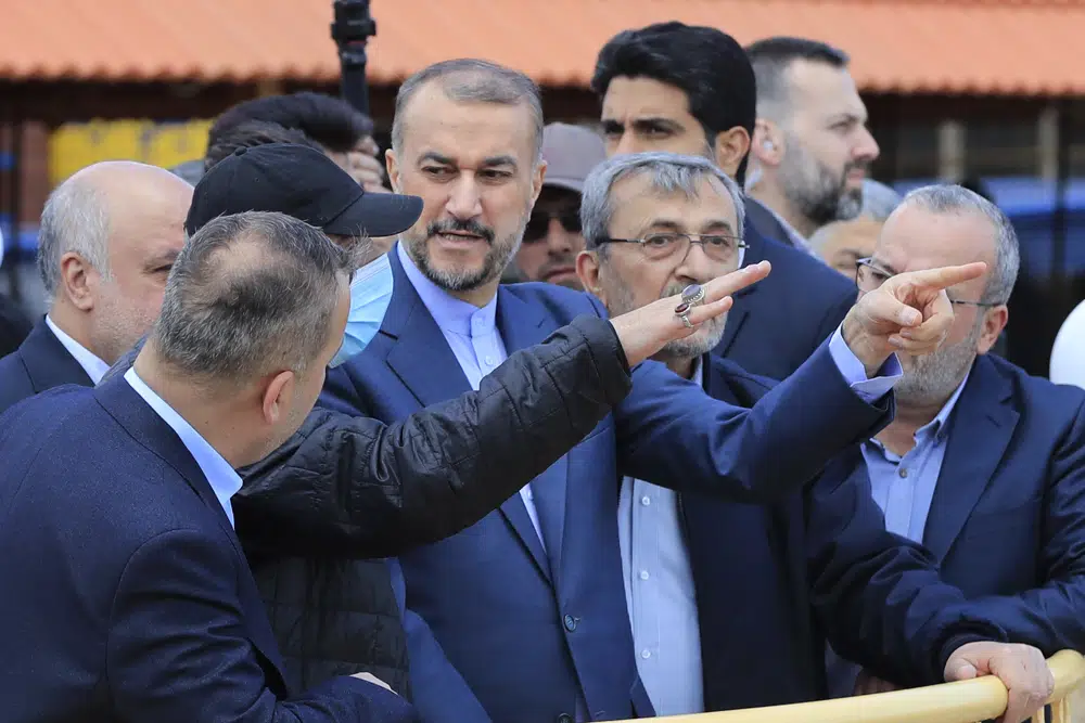 Iranian Foreign Minister Hossein Amirabdollahian, center, escorted by Hezbollah members and lawmakers points to the Israeli side during his visit to Iran park, in the village of Maroun el-Rass on the Lebanon-Israel border, south Lebanon, Friday, April 28, 2023. (AP) Iranian Foreign Minister Hossein Amirabdollahian, center, escorted by Hezbollah members and lawmakers points to the Israeli side during his visit to Iran park, in the village of Maroun el-Rass on the Lebanon-Israel border, south Lebanon, Friday, April 28, 2023. (AP)