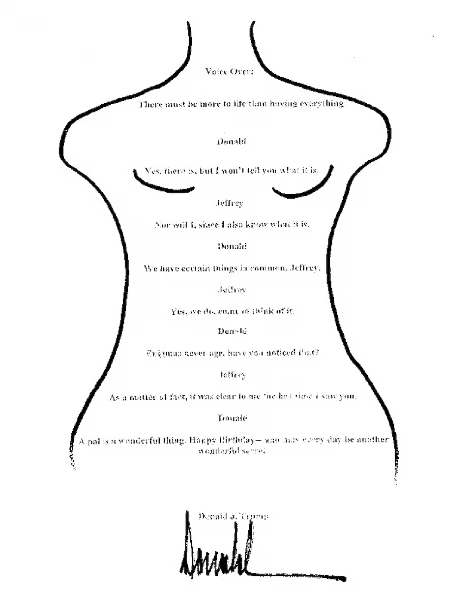 A birthday letter that U.S. President Donald Trump allegedly wrote to sex offender Jeffrey Epstein more than 20 years ago is seen as presented by the Democrats in the U.S. House of Representatives on their X account September 8, 2025. The letter, the existence of which was reported by the Wall Street Journal in July, appears to have been signed by Trump, but he has denied doing so and has said the card does not exist, and the White House has denied its authenticity. Democrats on the House Oversight Committe A birthday letter that U.S. President Donald Trump allegedly wrote to sex offender Jeffrey Epstein more than 20 years ago is seen as presented by the Democrats in the U.S. House of Representatives on their X account September 8, 2025. The letter, the existence of which was reported by the Wall Street Journal in July, appears to have been signed by Trump, but he has denied doing so and has said the card does not exist, and the White House has denied its authenticity. Democrats on the House Oversight Committe