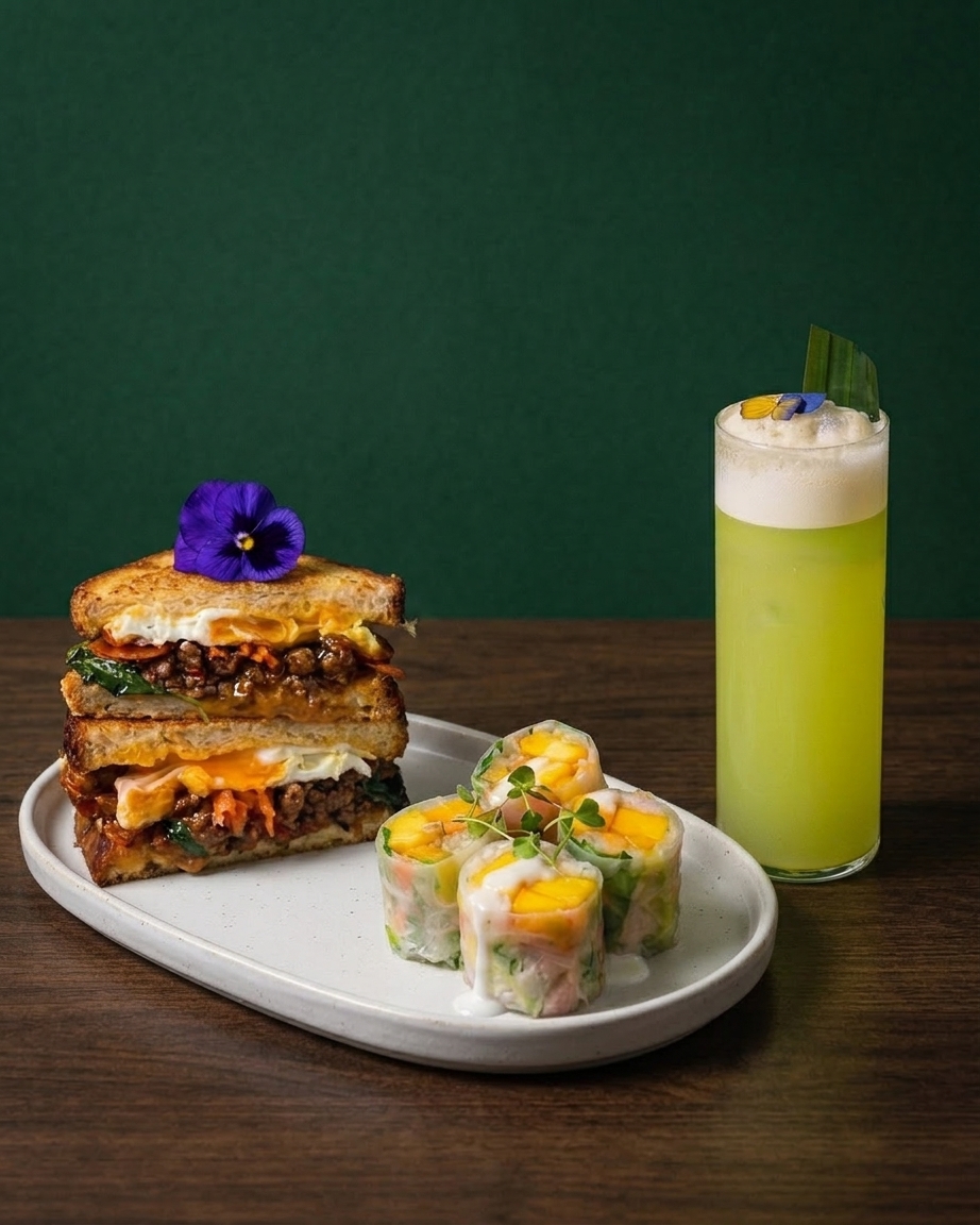 The Henderson Land 50th Anniversary Wine & Dine Set pairs a Thai basil Wagyu sandwich and mango sticky rice rice-paper roll with Peridot’s alcohol-free Henderson Green cocktail.
