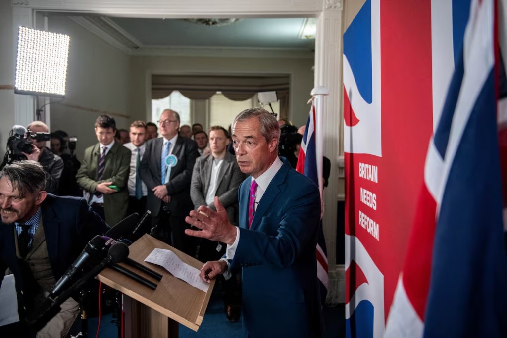 Honorary President of the Reform UK party Nigel Farage speaks at a Reform UK press conference in Dover, Britain, May, 28, 2024. REUTERS/Chris J. Ratcliffe/File Photo