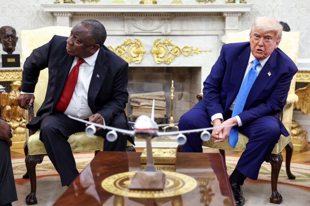 U.S. President Donald Trump speaks as South African President Cyril looks towards a monitor (not pictured) that shows videos allegedly pertaining to the genocide of white people in South Africa, in the Oval Office of the White House in Washington, D.C., U.S., May 21, 2025. (Reuters)