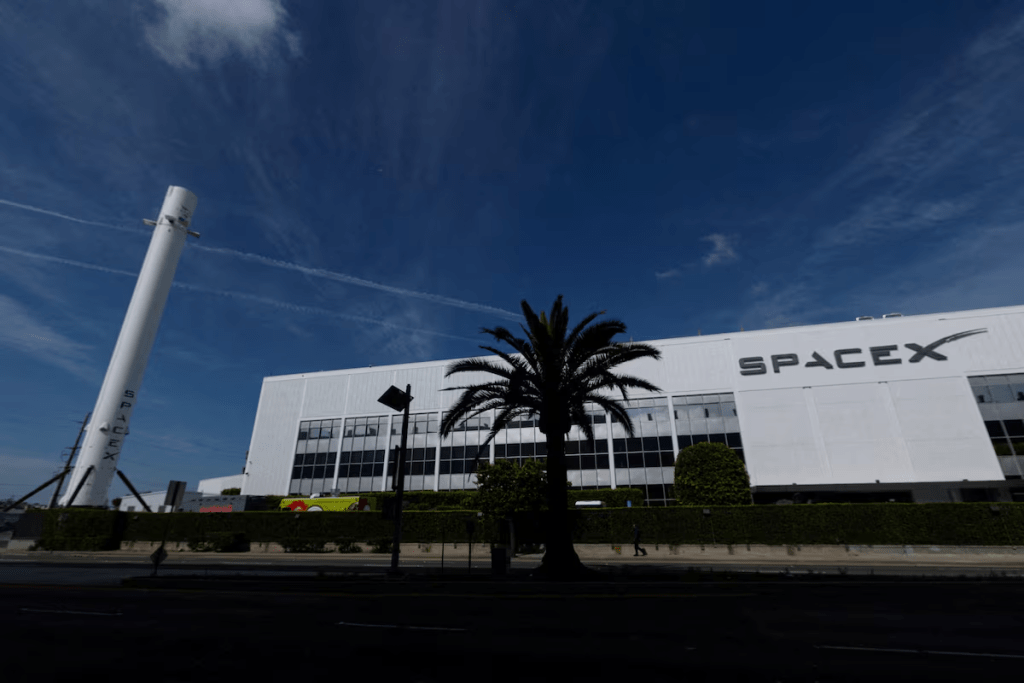 The SpaceX facility and a Falcon 9 rocket booster are shown, as the company prepares to file for an initial public offering (IPO), in Hawthorne California, U.S., April 23, 2026. REUTERS/Mike Blake/File Photo