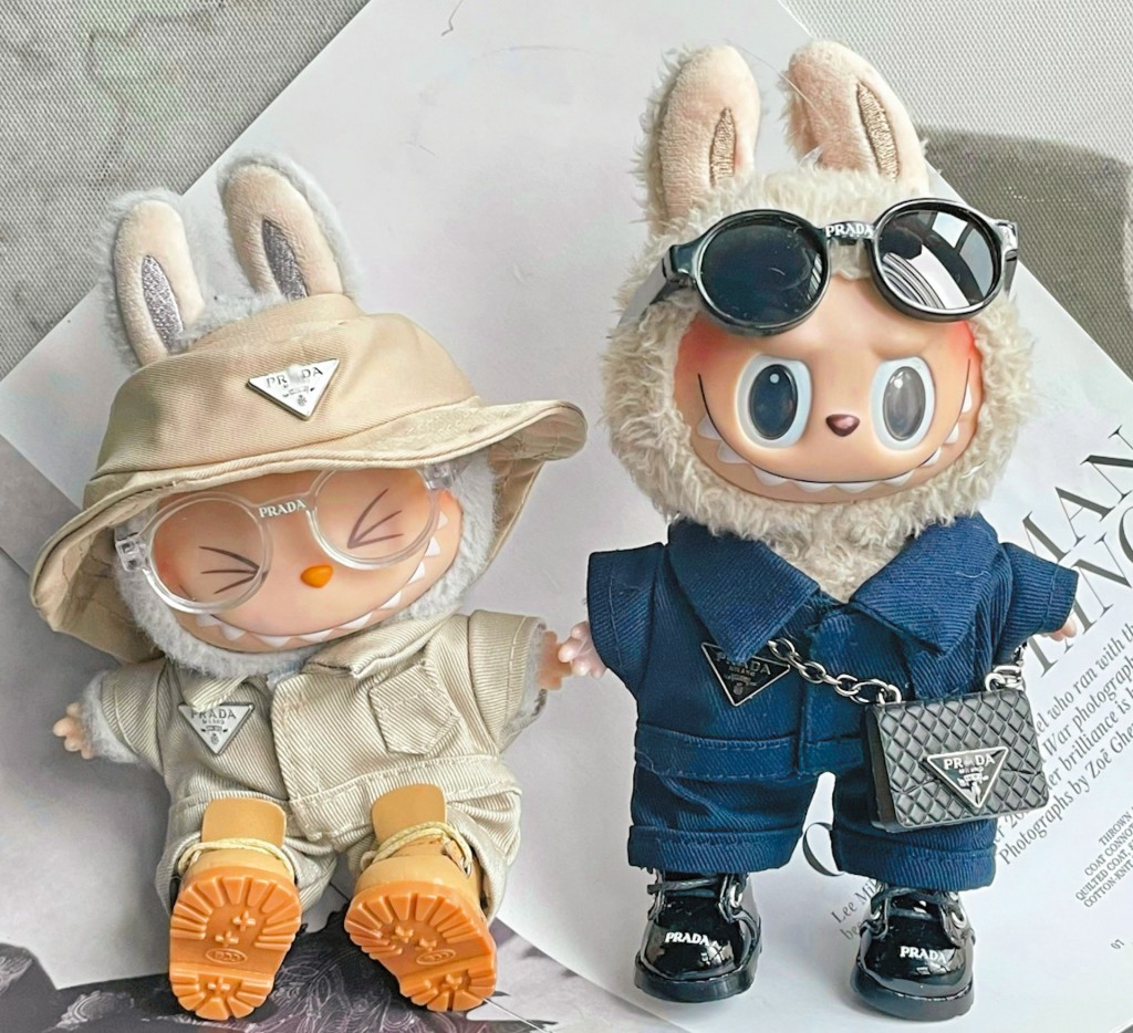 Labubu dolls styled in trendy clothes, shoes and accessories.