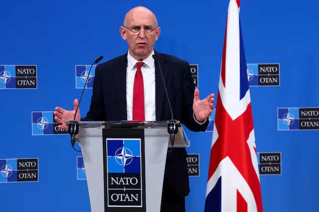 British Defence Secretary John Healey speaks during a joint news conference with Ukrainian Defence Minister Rustem Umerov and German Defence Minister Boris Pistorius (both not pictured), after a meeting of the Ukraine Defense Contact Group, as a part of a NATO Defence Ministers' meeting at the Alliance's headquarters in Brussels, Belgium June 4, 2025. REUTERS/Yves Herman 