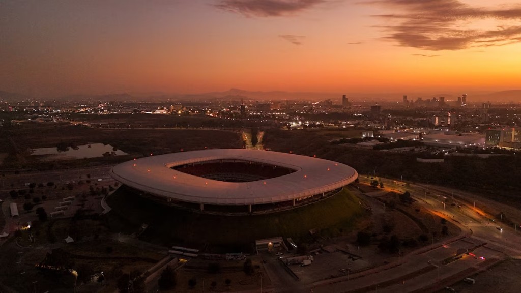 A drone view of Akron Stadium after four soccer matches in Mexico were postponed following violence near Guadalajara triggered by a military operation that left cartel leader Nemesio Oseguera dead, with FIFA monitoring the situation in the 2026 World Cup host city Zapopan, on the outskirts of Guadalajara, Mexico, February 24, 2026. REUTERS/Jose Luis Gonzalez 