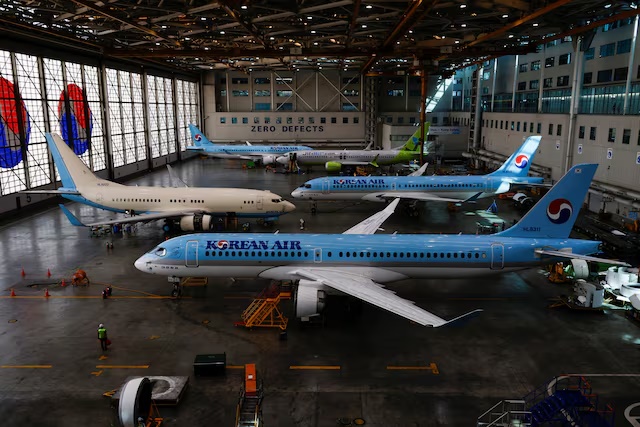 Korean Airlines’ Airbus A220-300 planes and a Boeing 737-8 plane of Jin Air, a low-cost airline, a subsidiary company of Korean Airlines, are seen during an organised media tour, at its Maintenance Hangar in Seoul, South Korea, June 27, 2024. REUTERS/Kim Soo-hyeon/File Photo Korean Airlines’ Airbus A220-300 planes and a Boeing 737-8 plane of Jin Air, a low-cost airline, a subsidiary company of Korean Airlines, are seen during an organised media tour, at its Maintenance Hangar in Seoul, South Korea, June 27, 2024. REUTERS/Kim Soo-hyeon/File Photo