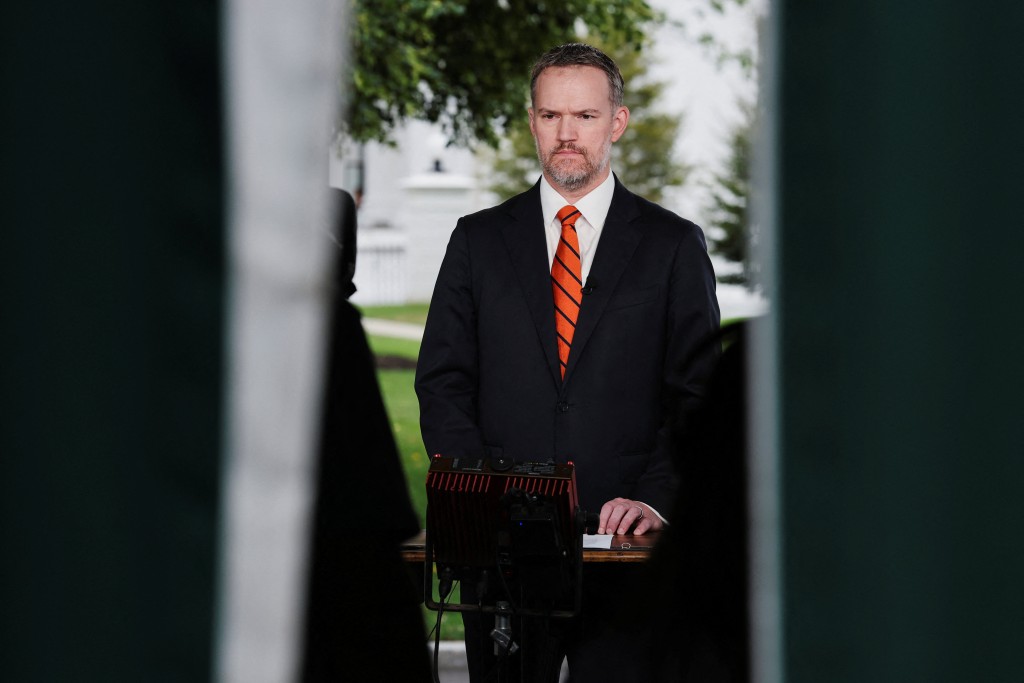 U.S. Trade Representative Jamieson Greer gives a live TV interview about tariffs at the White House in Washington, D.C., U.S., August 1, 2025. REUTERS/Jonathan Ernst
