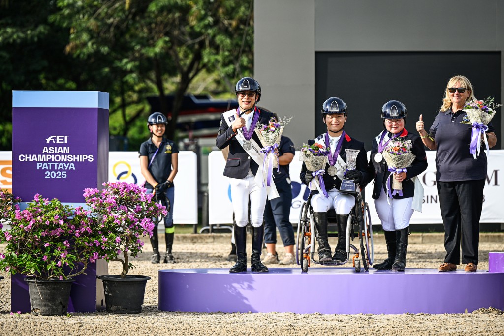 (From left) Timothy Tsang, Louie Lam and Fleur Schrader won team silver in the Para Dressage Team Competition.