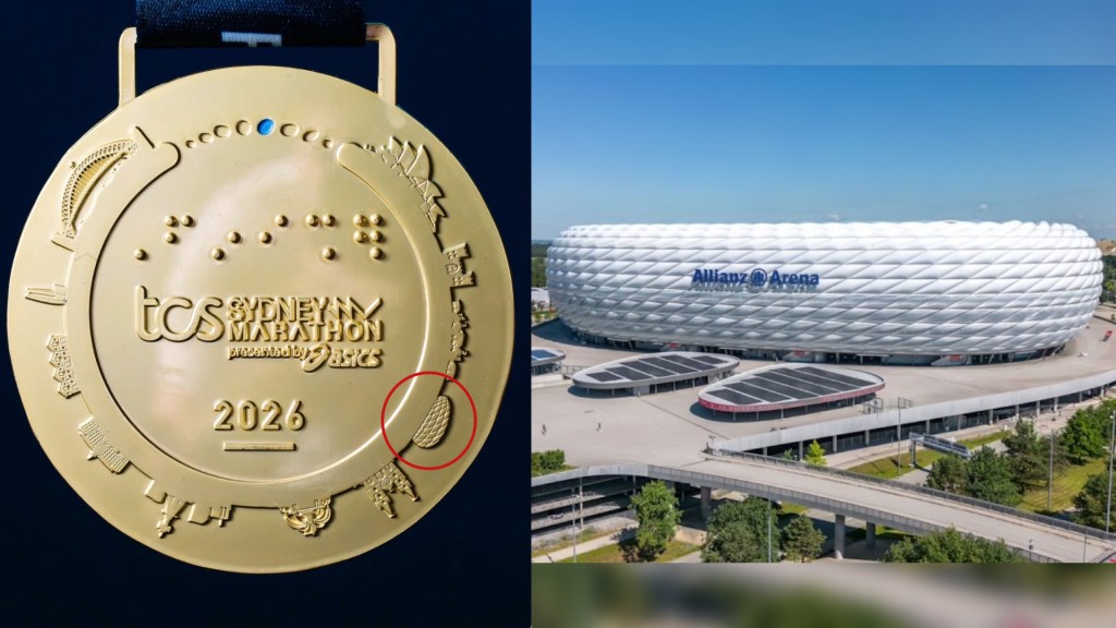 2026 Sydney Marathon medal (left)l The Allianz Arena in Munich (right)