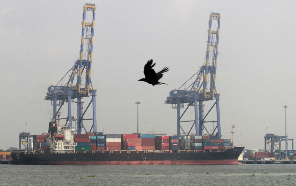 A crow flies past a container ship docked at a port in Vallarpadam in the southern Indian city of Kochi December 11, 2013./File Photo/File Photo