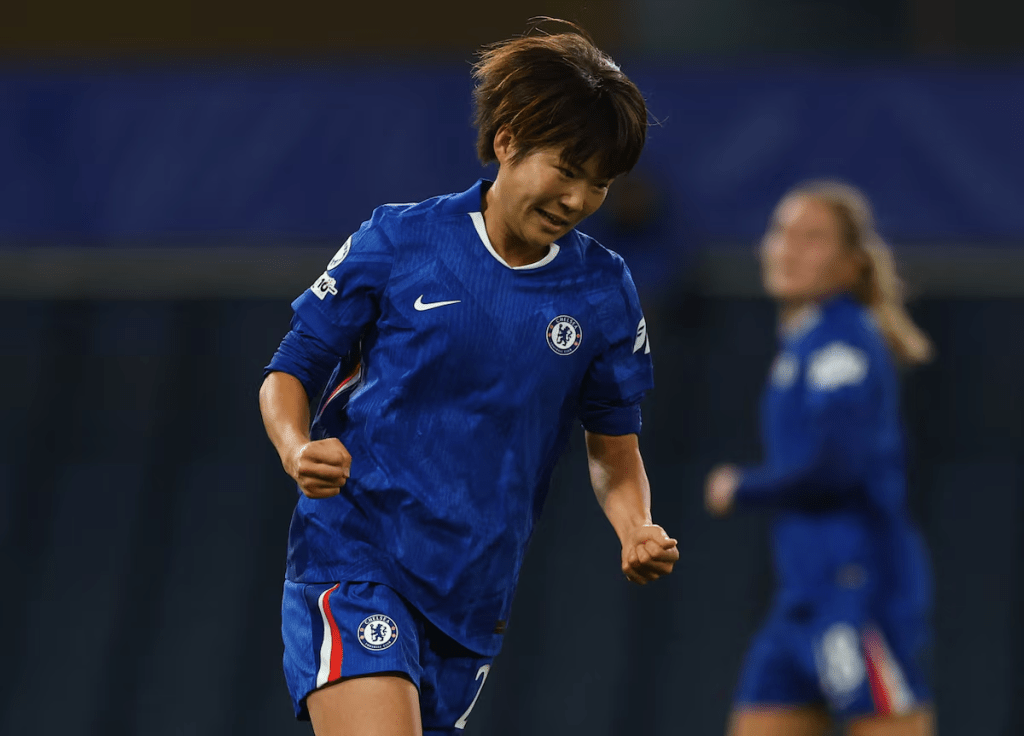 Soccer Football - Women's Champions League - Chelsea v AS Roma - Stamford Bridge, London, Britain - December 10, 2025 Chelsea's Maika Hamano celebrates scoring their fifth goal Action Images via Reuters/Matthew Childs 