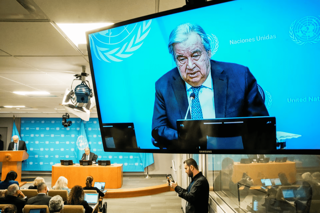 United Nations Secretary-General Antonio Guterres is seen on a screen as he speaks during a press conference outlining his priorities for 2026 at U.N. headquarters in New York City, U.S., January 29, 2026. REUTERS/Eduardo Munoz