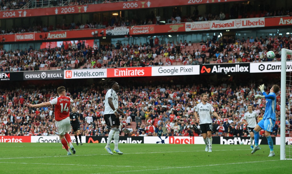 Viktor Gyokeres scores Arsenal's third goal against Fulham. REUTERS  