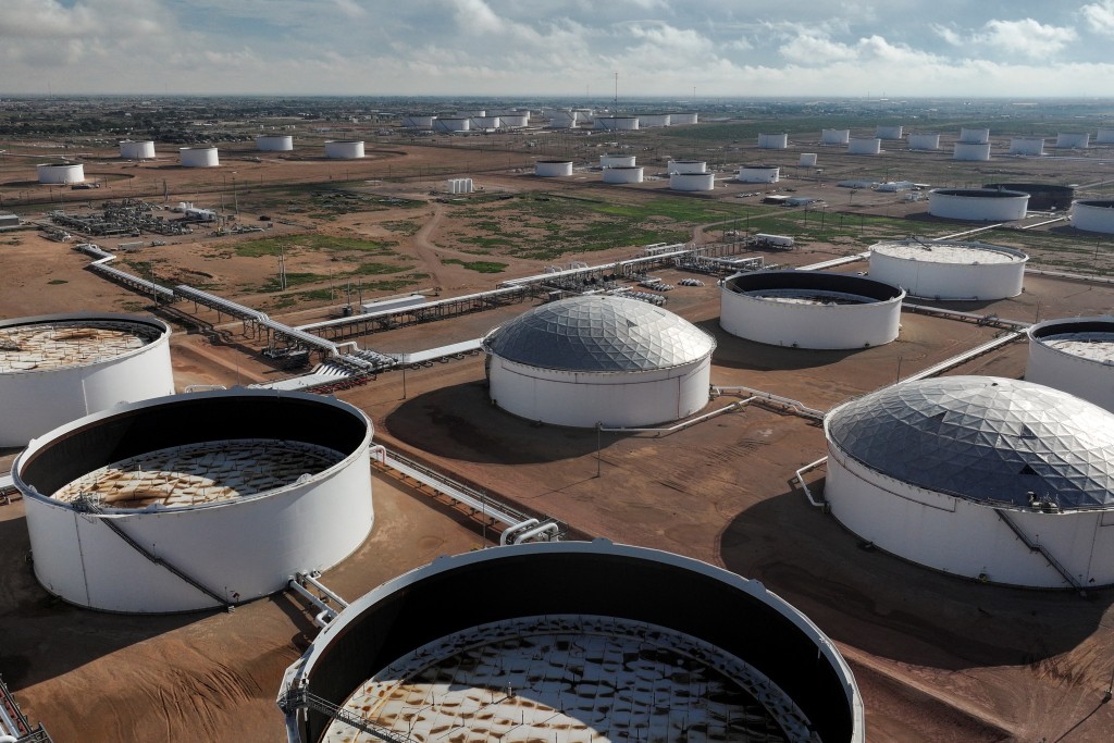 A drone view shows a portion of the crude oil tank farm in Midland, Texas, U.S. (Reuters)