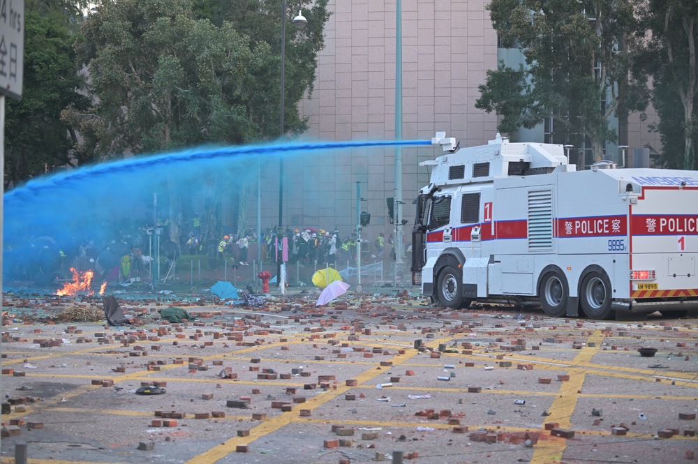 A water cannon truck in action during the 2019 unrest. A water cannon truck in action during the 2019 unrest.