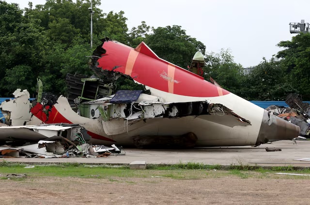 Wreckage of the Air India Boeing 787-8 Dreamliner plane sits on the open ground, outside Sardar Vallabhbhai Patel International Airport, where it took off and crashed nearby shortly afterwards, in Ahmedabad, India July 12, 2025. REUTERS/Amit Dave