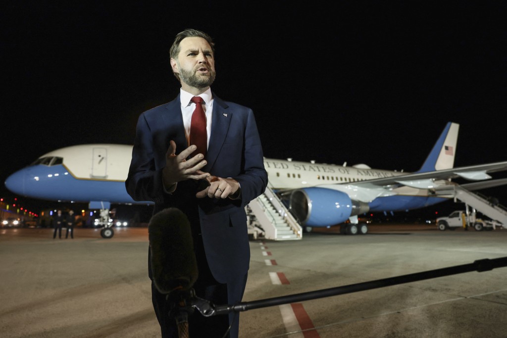 US Vice President JD Vance speaks to the media before boarding Air Force Two to return to Washington DC, after the White House announced he would be leading the US delegation in upcoming peace talks with Iran, at the Budapest Ferenc Liszt International Airport in Budapest, Hungary, on April 8, 2026. (AFP)