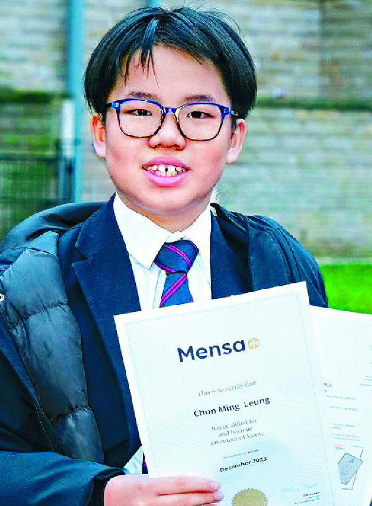Cyrus Leung, left, posted the same IQ score as Albert Einstein and Stephen Hawking in his Mensa test. Right: Adrian Li, who scored the maximum. Cyrus Leung, left, posted the same IQ score as Albert Einstein and Stephen Hawking in his Mensa test. Right: Adrian Li, who scored the maximum.