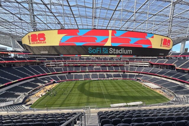 Mar 13, 2025; Inglewood, California, USA; LA World Cup 2026 branding pictured during the unveiling of the new test soccer pitch in anticipation of Nations League play and 2026 World Cup at SoFi Stadium. Mandatory Credit: Gary A. Vasquez-Imagn Images/File Photo