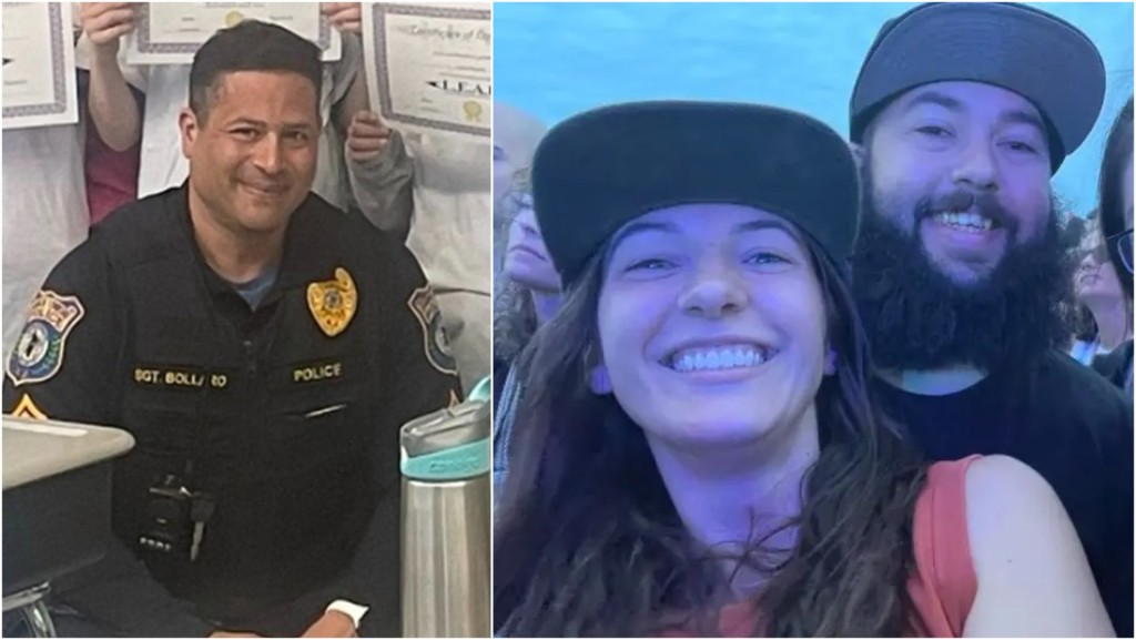 The police officer accused of misconduct, Bollaro (left), pictured with shooting victims Semanchik (center) and Webb. (Facebook)