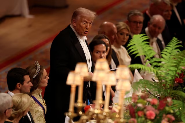 U.S. President Donald Trump speaks during the State Banquet during his state visit, at Windsor Castle, in Windsor, Britain, September 17, 2025. REUTERS/Phil Noble/Poo