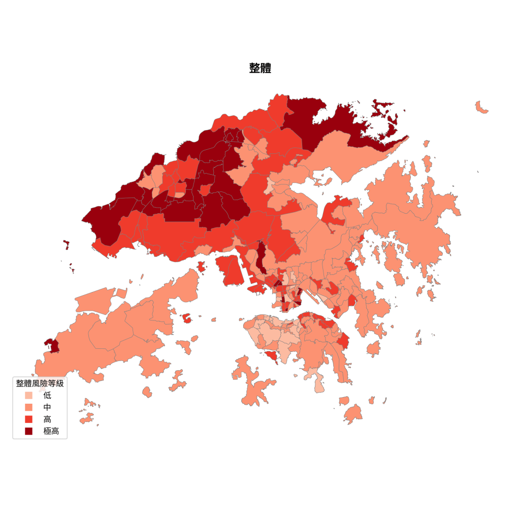 The highest overall risk is located within Tertiary Planning Units (TPUs) in Yuen Long and North District. The highest overall risk is located within Tertiary Planning Units (TPUs) in Yuen Long and North District.