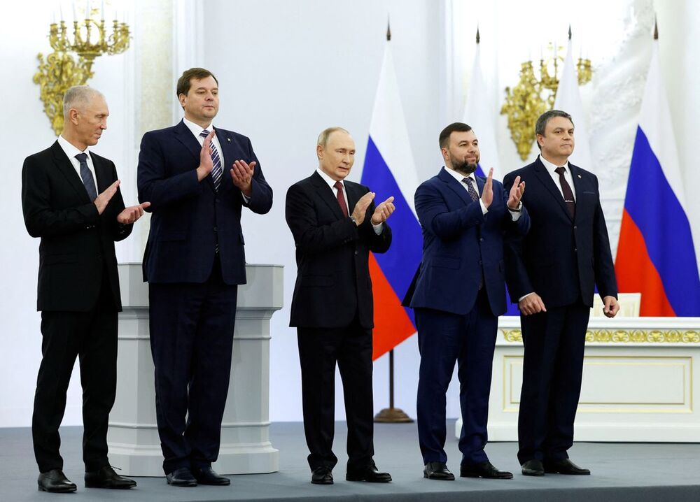 Russian President Vladimir Putin and Denis Pushilin, Leonid Pasechnik, Vladimir Saldo, Yevgeny Balitsky, who are the Russian-installed leaders in Ukraine's Donetsk, Luhansk, Kherson and Zaporizhzhia regions, attend a ceremony to declare the annexation of the Russian-controlled territories of Ukraine's Donetsk, Luhansk, Kherson and Zaporizhzhia regions. (Reuters) Russian President Vladimir Putin and Denis Pushilin, Leonid Pasechnik, Vladimir Saldo, Yevgeny Balitsky, who are the Russian-installed leaders in Ukraine's Donetsk, Luhansk, Kherson and Zaporizhzhia regions, attend a ceremony to declare the annexation of the Russian-controlled territories of Ukraine's Donetsk, Luhansk, Kherson and Zaporizhzhia regions. (Reuters)