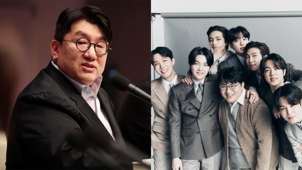 Left: Bang Si-hyuk, Chairman of HYBE, speaks during a debate hosted by the Kwanhun club, in Seoul, South Korea, March 15, 2023. REUTERS/Kim Hong-Ji/File Photo Right: Bang Si-hyuk with BTS