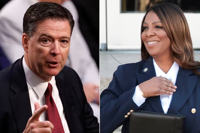 A combination picture shows Former FBI Director James Comey on Capitol Hill in Washington, U.S., June 8, 2017 and New York Attorney General Letitia James in Norfolk, Virginia, U.S., October 24, 2025. REUTERS/Aaron P. Bernstein/Jonathan Ernst