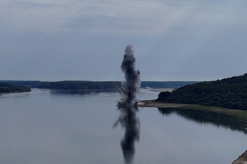 Romanian Navy blasts rocks in controlled explosions on the Bala channel to divert the Danube water flow toward the Cernavoda nuclear power plant, in Izvoarele, Romania, August 3, 2026. (Reuters)