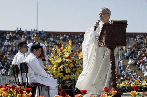 Pope Leo XIV, then Apostolic Administrator of Chiclayo Robert Prevost, preaches during a Corpus Christi celebration in a stadium in Chiclayo, Peru, Friday, June 19, 2015. (AP Photo/Julio Reano)[ASSOCIATED PRESS/Julio Reano]