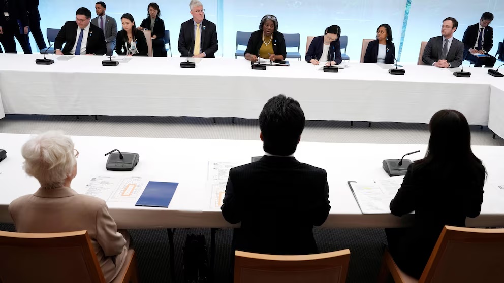 U.S. Ambassador to United Nations Linda Thomas-Greenfield, center top, meets with Japan's Chief Cabinet Secretary Yoshimasa Hayashi and the families of abduction victims by North Korea Thursday, April 18, 2024, at prime minister's office in Tokyo. (AP Photo/Eugene Hoshiko, Pool) U.S. Ambassador to United Nations Linda Thomas-Greenfield, center top, meets with Japan's Chief Cabinet Secretary Yoshimasa Hayashi and the families of abduction victims by North Korea Thursday, April 18, 2024, at prime minister's office in Tokyo. (AP Photo/Eugene Hoshiko, Pool)