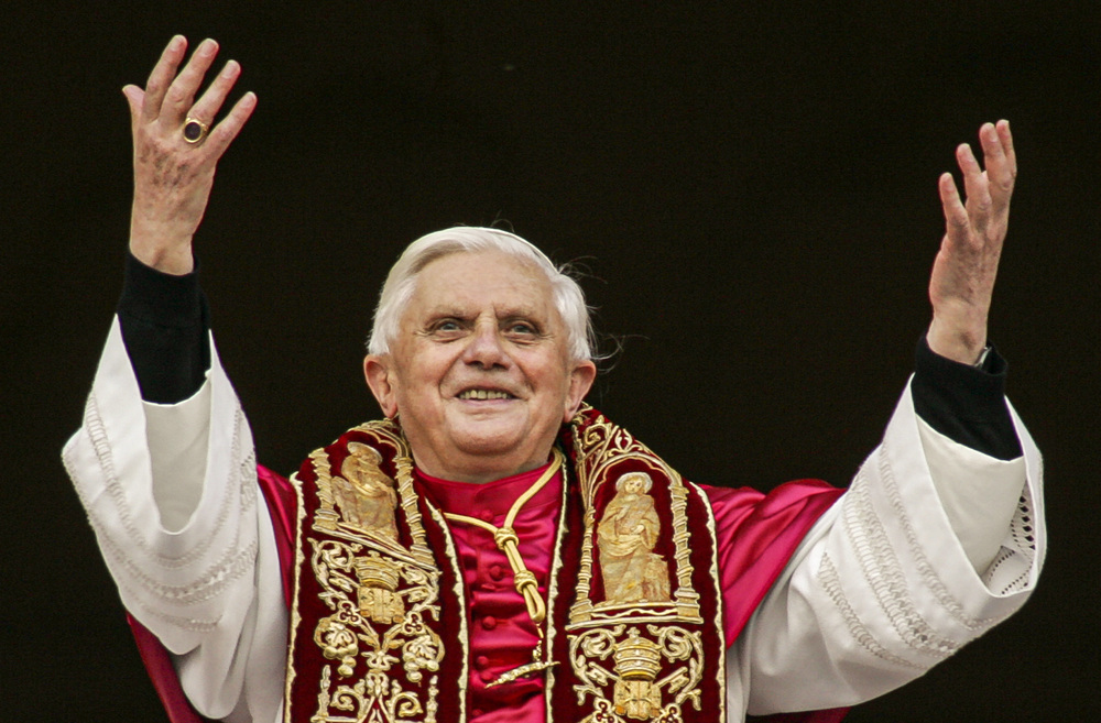 Pope Benedict XVI greets the crowd from the central balcony of St. Peter's Basilica at the Vatican on April 19, 2005, soon after his election. (AP) Pope Benedict XVI greets the crowd from the central balcony of St. Peter's Basilica at the Vatican on April 19, 2005, soon after his election. (AP)