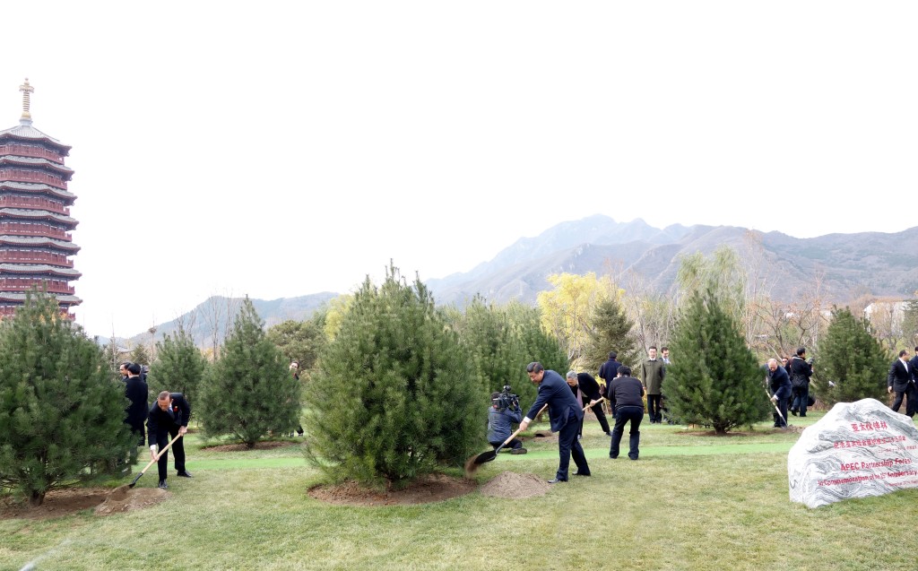 Chinese President Xi Jinping (front R), together with other leaders and representatives from the Asia-Pacific Economic Cooperation (APEC) member economies, plants trees to mark friendship in the APEC family, during the 22nd APEC Economic Leaders' Meeting at the Yanqi Lake International Convention Center in the northern suburb of Beijing, capital of China, Nov. 11, 2014. (Xinhua/Lai Xiangdong) Chinese President Xi Jinping (front R), together with other leaders and representatives from the Asia-Pacific Economic Cooperation (APEC) member economies, plants trees to mark friendship in the APEC family, during the 22nd APEC Economic Leaders' Meeting at the Yanqi Lake International Convention Center in the northern suburb of Beijing, capital of China, Nov. 11, 2014. (Xinhua/Lai Xiangdong)