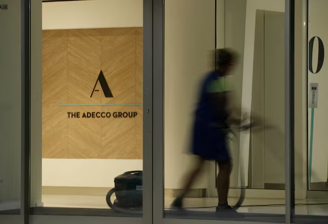 The logo of Swiss Adecco Group is seen at its headquarters in Zurich, Switzerland October 30, 2018. REUTERS/Arnd Wiegmann/File Photo