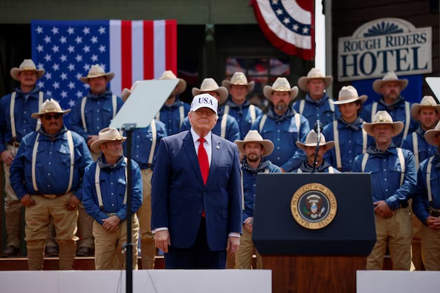 U.S. President Donald Trump looks on as he arrives to speak at Burning Hills Amphitheatre on the day of the dedication of the Theodore Roosevelt Presidential Library in Medora, North Dakota, U.S., July 1, 2026. REUTERS/Evan Vucci