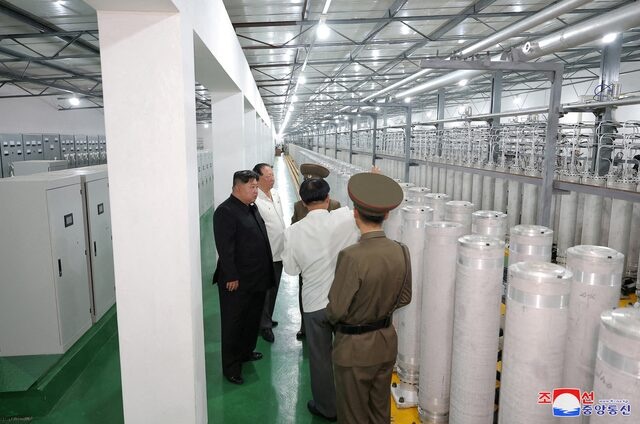North Korean leader Kim Jong Un tours facilities during a visit to the Nuclear Weapons Institute and the production base of weapon-grade nuclear materials at an undisclosed location in North Korea, in this photo released by North Korea's official Korean Central News Agency September 13, 2024. KCNA via REUTERS/File Photo