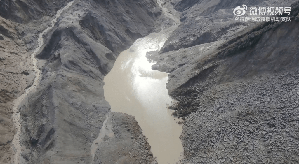 A drone view shows a barrier lake formed following a mudslide, in the border area between the Tibet Autonomous Region, China and Bagmati province, Nepal, August 27, 2026, in this screengrab obtained from a handout video. Lhasa Fire and Rescue Mobile Detachment/Handout via REUTERS