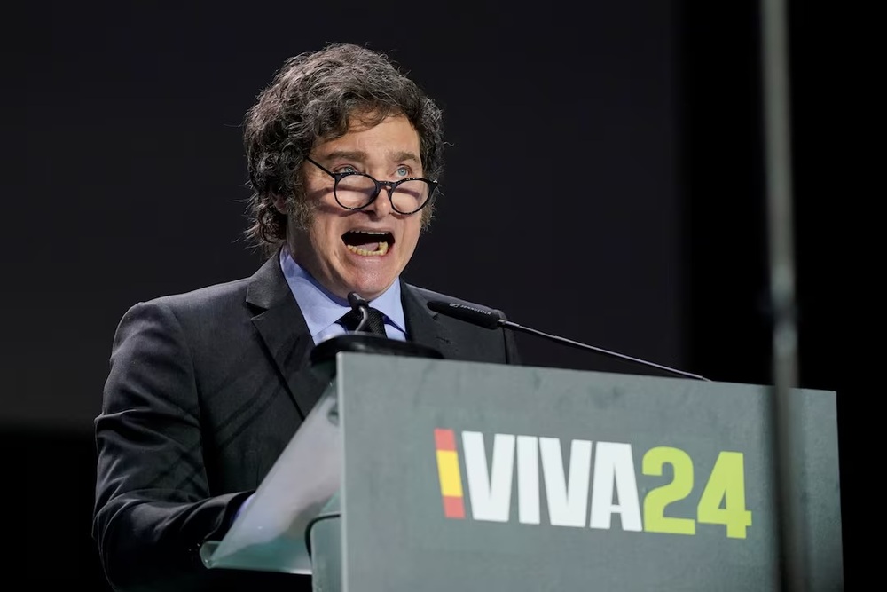 Argentina's President Javier Milei speaks during a rally organised by the Spanish far-right Vox party ahead of the European elections, with various far-right leaders, in Madrid, Spain, May 19, 2024. (REUTERS/Ana Beltran) Argentina's President Javier Milei speaks during a rally organised by the Spanish far-right Vox party ahead of the European elections, with various far-right leaders, in Madrid, Spain, May 19, 2024. (REUTERS/Ana Beltran)