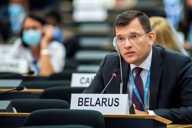 Yury Ambrazevich, Head of Belarus' delegation and Permanent Representative to the United Nations Office, speaks, during the opening of 45th session of the Human Rights Council, at the European U.N. headquarters in Geneva, Switzerland September 14, 2020. Martial Trezzini/Pool via REUTERS