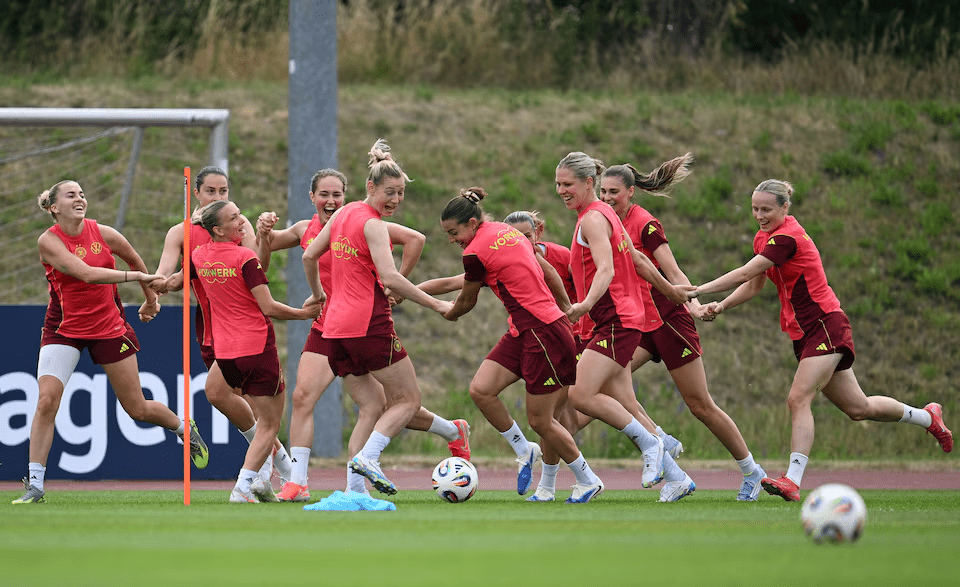 Soccer Football - UEFA Women's Euro 2025 - Germany Training - Herzogenaurach, Germany - June 23, 2025, Germany's Rebecca Knaak and teammates during training REUTERS/Angelika Warmuth/File Photo