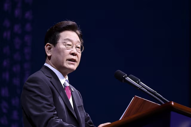 South Korea's President Lee Jae Myung delivers his speech during an event marking Korea's 107th anniversary of the March 1st Independence Movement in Seoul, South Korea, March 1, 2026. Yonhap via REUTERS 
