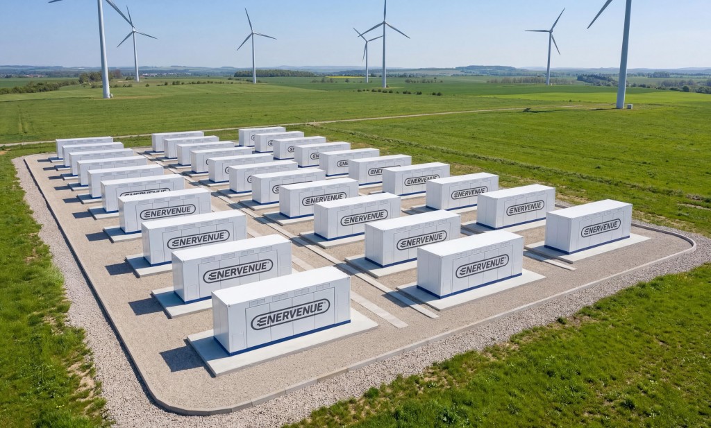 The utility-scale Battery Energy Storage System installed by EnerVenue at a wind farm. Photo provided by EnerVenue.