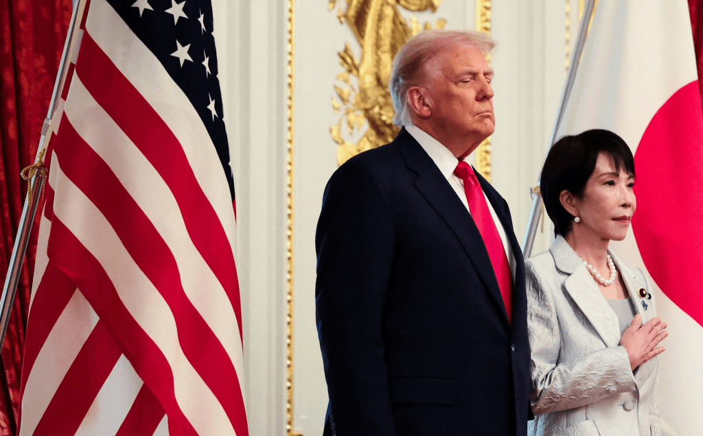 U.S. President Donald Trump and Japanese Prime Minister Sanae Takaichi attend a bilateral meeting at Akasaka Palace in Tokyo, Japan, October 28, 2025. REUTERS/Evelyn Hockstein/File Photo